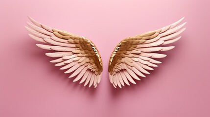 golden and white  angel wings isolated  on a pink background. gold and white  wings.
