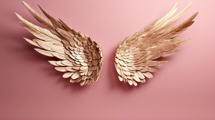 golden angel wings isolated  on a pink background. gold wings. - obrazy, fototapety, plakaty