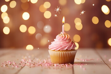 Cupcake with candle on bokeh background. Happy Birthday