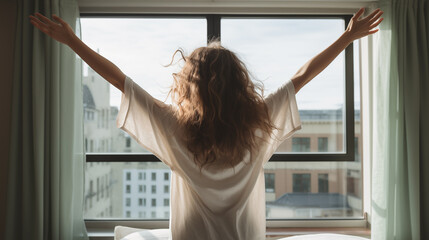 Fototapeta na wymiar A girl in pajamas stretches after getting out of bed and looking out the window. Morning rituals for a vigorous workday. Health and recreation concept. Cozy awakening. Generated AI