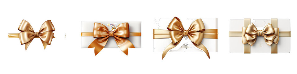 White gift voucher with gold ribbon and bow  Hyperrealistic Highly Detailed Isolated On Transparent Background Png File - obrazy, fototapety, plakaty