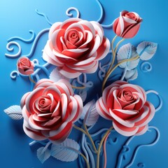 Elegant composition with 3d roses on blue background