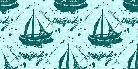 Teal green white vibrant watercolor batik azulejos tile border banner background. Seamless aqua coastal blur linen effect geometric mosaic effect.Boho Patchwork nautical masculine summer ribbon trim. 