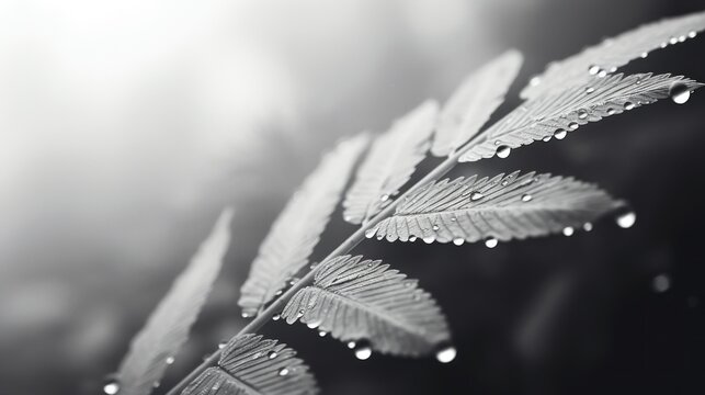 Black and white photograph of a leaf with dew drops, AI