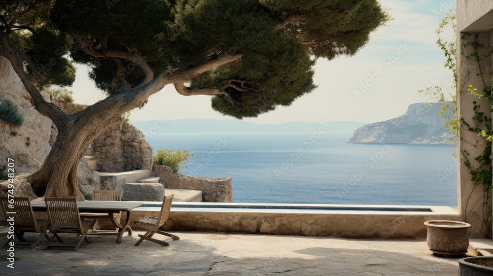 Wall mural A patio with a table and chairs and a view of the ocean