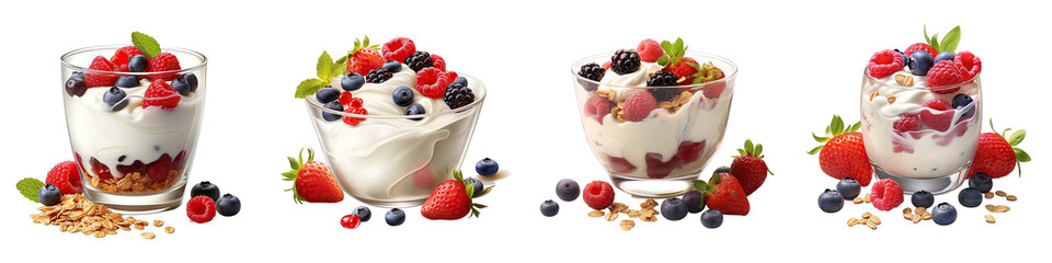Yogurt with muesli and berries  Hyperrealistic Highly Detailed Isolated On Transparent Background Png File