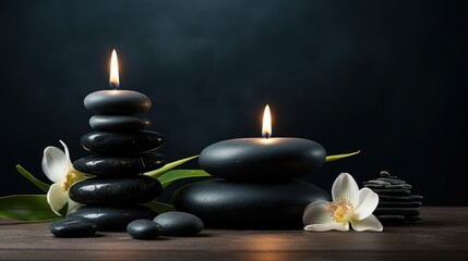 A stack of black stones with a lit candle