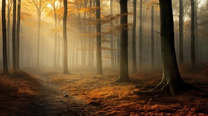 A path in the woods with a foggy forest in the background