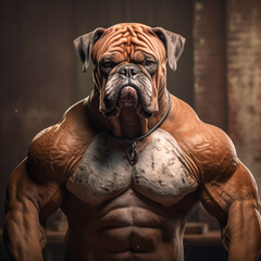 Portrait of Bulldog or Pug (or their hybrids dog) has muscles as muscular as a bodybuilder. Training, Bulking Up, Strength Training, Exercise Concepts