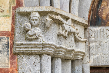 Stone carving on the walls of the Moraca monastery in Montenegro