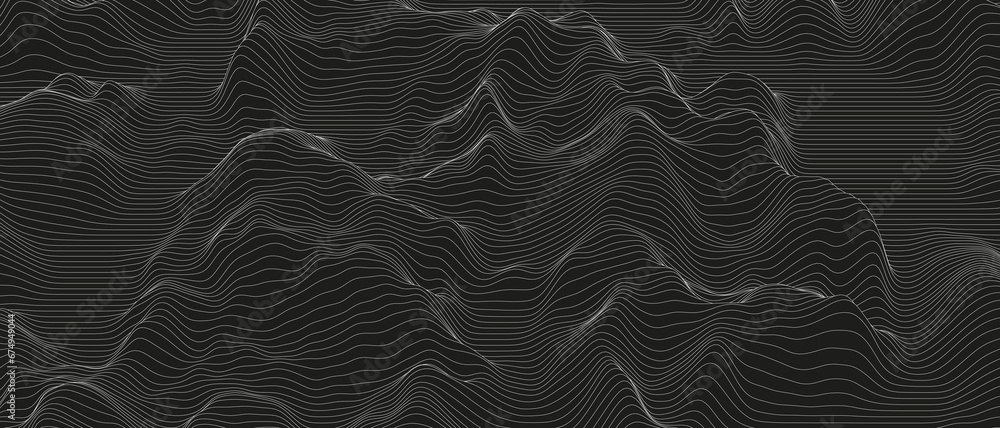 Poster monochrome sound line waves abstract background . distorted line shapes on a black background.