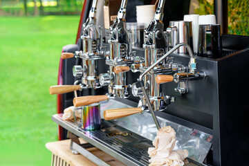 Professional Coffee Machine Installed in the Back of a Car: Coffee Service for Outdoor Events and Open Air