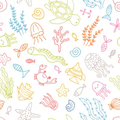 Fotobehang Hand drawn seamless pattern with underwater animals. Ocean, sea life. Nautical background © Helen Sko