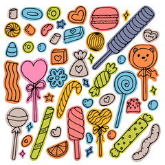 Hand drawn set of sweets and candies. Desserts, chocolate, macaroons, marshmallow. Doodle style. Sweet food