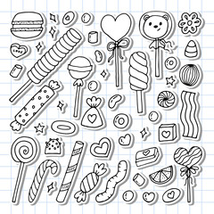 Hand drawn set of sweets and candies. Desserts, chocolate, macaroons, marshmallow. Doodle style. Sweet food. Stickers