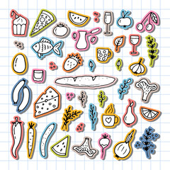 Hand drawn set of different food and drinks. Doodle style. Healthy food ingredients. Stickers