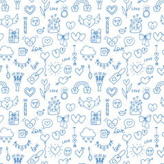 Love background. Romantic seamless pattern. Valentine, wedding design. Wrapping paper. Hand drawn, sketch, doodle