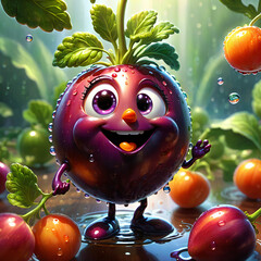 Joyful Beetroot character with a vibrant smile and sparkling eyes, set in a sunny, dew-kissed garden scene