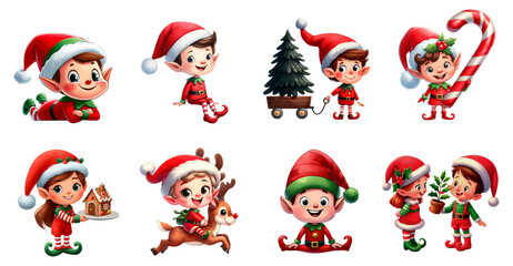 A set of cute Christmas Elves isolated on a transparent background - obrazy, fototapety, plakaty