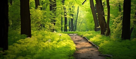 Fototapeta na wymiar In the beauty of spring the green forest provides a breathtaking background as the hiking trail winds through the mesmerizing landscape of towering trees creating a natural bokeh that enhan