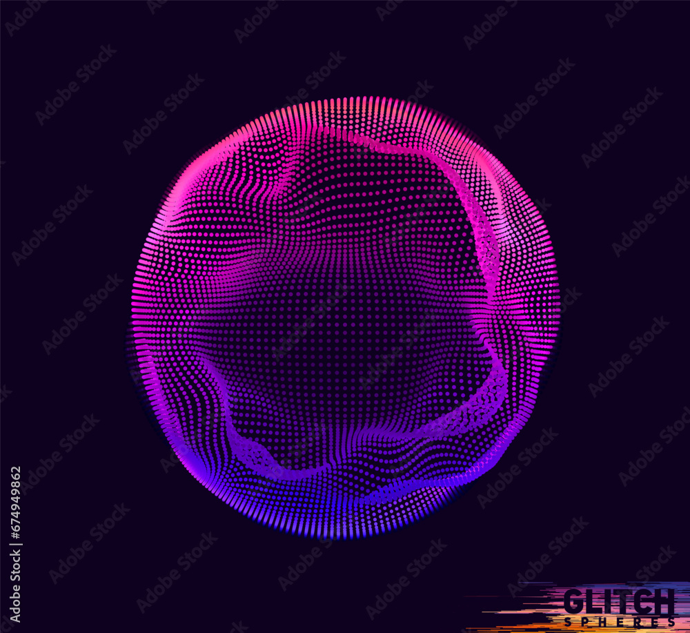 Poster corrupted violet point sphere. abstract vector colorful mesh on dark background. futuristic style ca