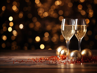 New Years Celebration background with two glasses of champagne surrounded by gold colored ornaments and bokeh in a warm cozy setting