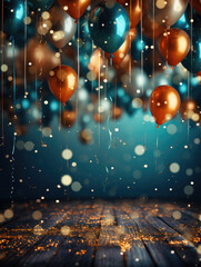 Vetrical background image with blue, gold and orange colored balloons floating with bokeh, ribbons hanging and confetti scattered on a wood plank floor