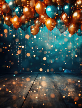 Vetrical background image with blue, gold and orange colored balloons floating with bokeh, ribbons hanging and confetti scattered on a wood plank floor
