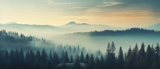 Misty Landscape With Fir Forest in Vintage Retro Style
