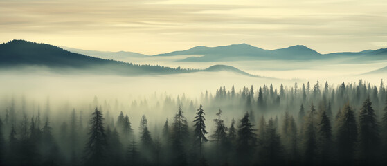 Fototapeta premium Misty Landscape With Fir Forest in Vintage Retro Style
