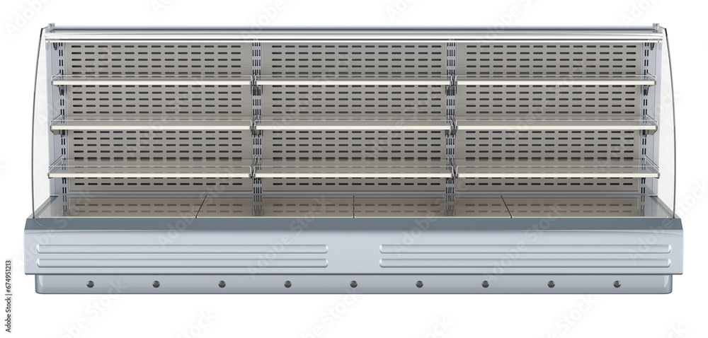 Poster refrigerated air curtain merchandiser. front view. horizontal open air merchandiser. 3d rendering is