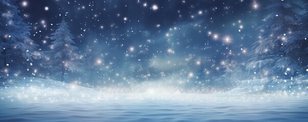 Fototapeta na wymiar Snowfall Blankets the Ground as Blue Lights Illuminate the Icy Night, Creating a Seasonal and Atmospheric Scene of Wintertime Beauty