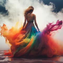 A beautiful girl who is happy and excited with colorful long colorful hair and a dress in rainbow colors. Fun surprises in the wind, in the background of clouds and smoke.