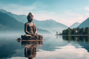 Buddha sculpture in the water with a beautiful mountain landscape