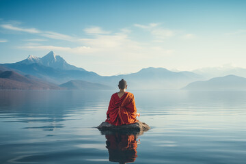 Tibetan monk meditating in a beautiful nature landscape
