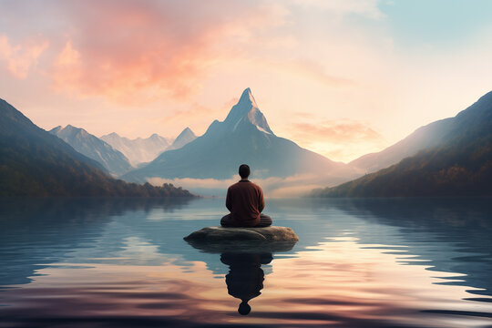Person meditating at the lake, concept of inner peace, meditation, mindfulness