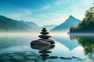 Obraz na płótnie Canvas photo of stacking rocks balanced stones in nature landscape
