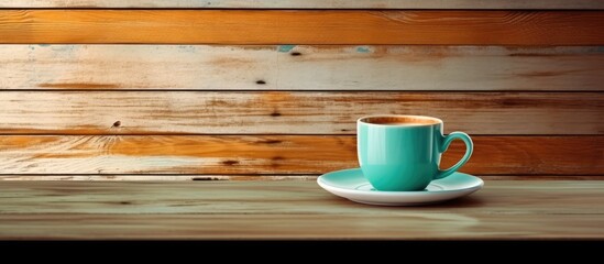 Fototapeta na wymiar In the vintage kitchen a white retro table with a wooden background is adorned with an abstract patterned coffee cup creating an isolated space that blends art and texture in a captivating w