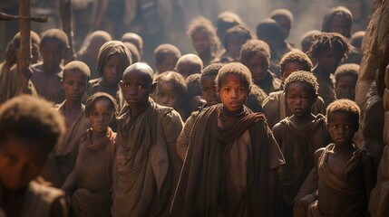 A crowd of little poor African boys in a local village - obrazy, fototapety, plakaty