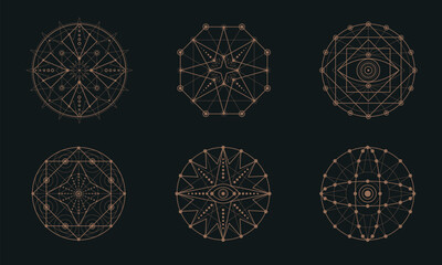 Set of geometric tattoo icons. Set of nine symbols of sacred geometry. Linear character illustration for tattoo black background - obrazy, fototapety, plakaty