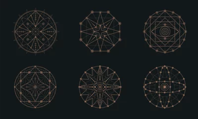 Foto op Plexiglas Set of geometric tattoo icons. Set of nine symbols of sacred geometry. Linear character illustration for tattoo black background © Katsiaryna Hatsak