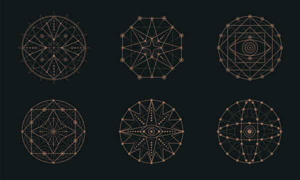 Set of geometric tattoo icons. Set of nine symbols of sacred geometry. Linear character illustration for tattoo black background