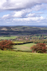 Fototapeta na wymiar View of Firle and the South Downs in autumn with hawthorn trees, East Sussex, England