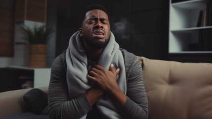Young African American man sitting on the couch at home and coughing. Suffers from an attack of asthma, allergies. - obrazy, fototapety, plakaty
