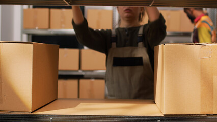 Female worker moving packs of goods, preparing order shipment for retail store business in storage...