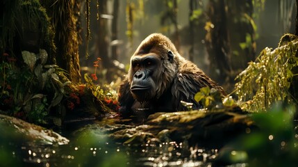 Wallpaper of a gorilla in the jungle. - obrazy, fototapety, plakaty