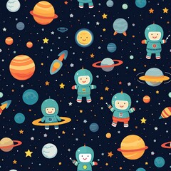 Naklejka premium Kawaii Space Adventures Pattern