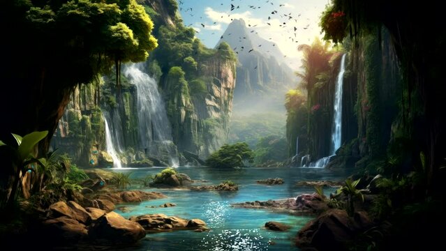 beautiful forest with waterfall and stream fantasy amazing jungle video background looping for live wallpaper 