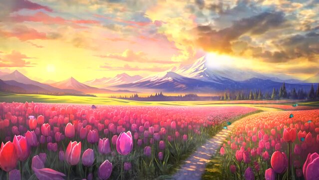 tulips flower field on sunset beautiful view animation video background looping for live wallpaper 