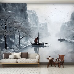 A boat on a river wide with heavy snow is an old fisherman's hut Ai generated art